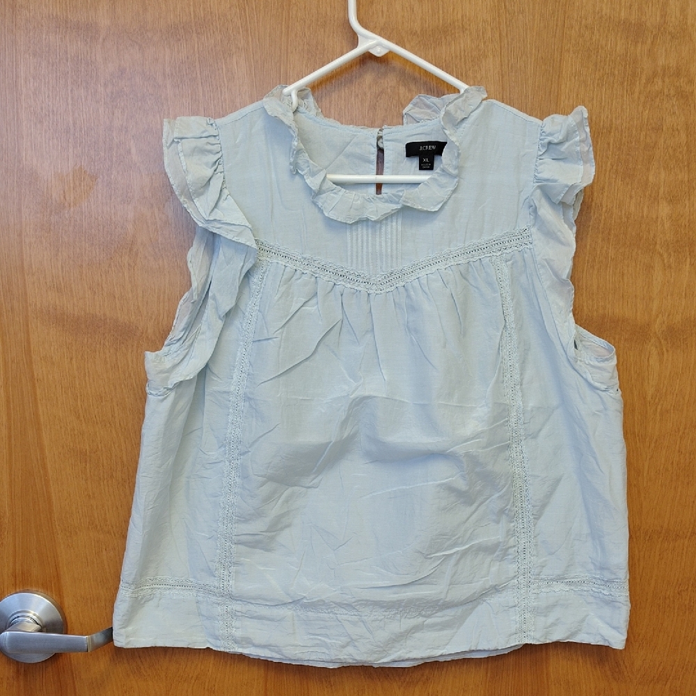 J Crew Women's Light Blue Ruffled Top With Crochet Detail